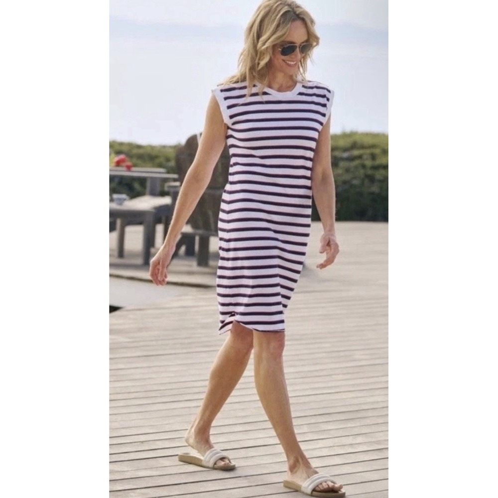 FRANK & EILEEN M Mini Cory Muscle Tee Dress Stripe Nautical Red White Blue Knit